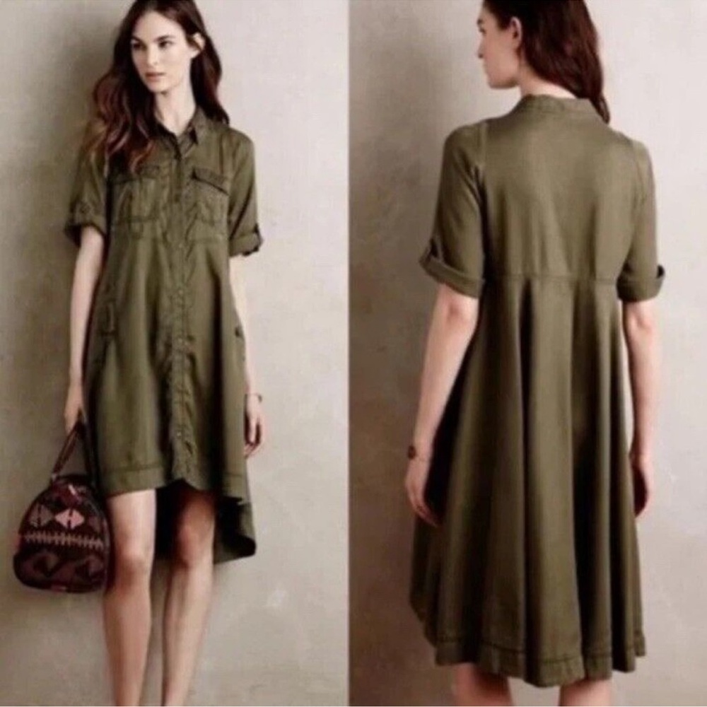 Anthropologie Holding Horses Olive Green‎ Button-Up Mariona Dress swing Sz 6